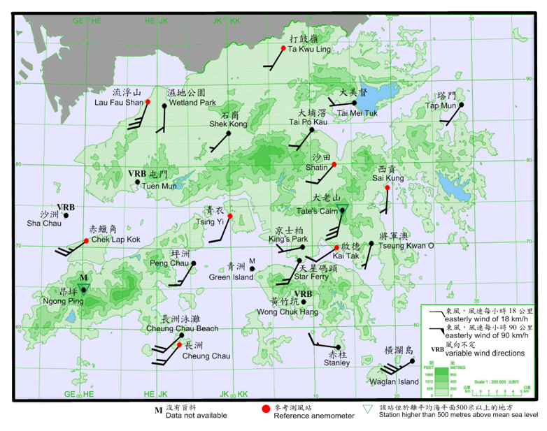 10-minute mean wind direction and speed recorded at various stations in Hong Kong at 7:10 a.m. on 4 September 2017. Winds at Chek Lap Kok, Lau Fau Shan, Tate’s Cairn, Waglan Island reached strong force at that time