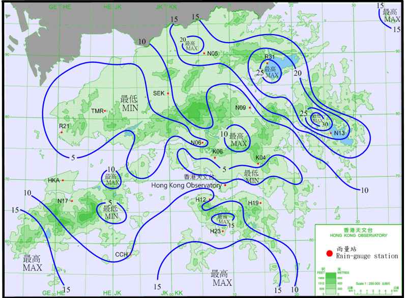 二零一七年九月二十四日的雨量分佈(等雨量線單位為毫米)