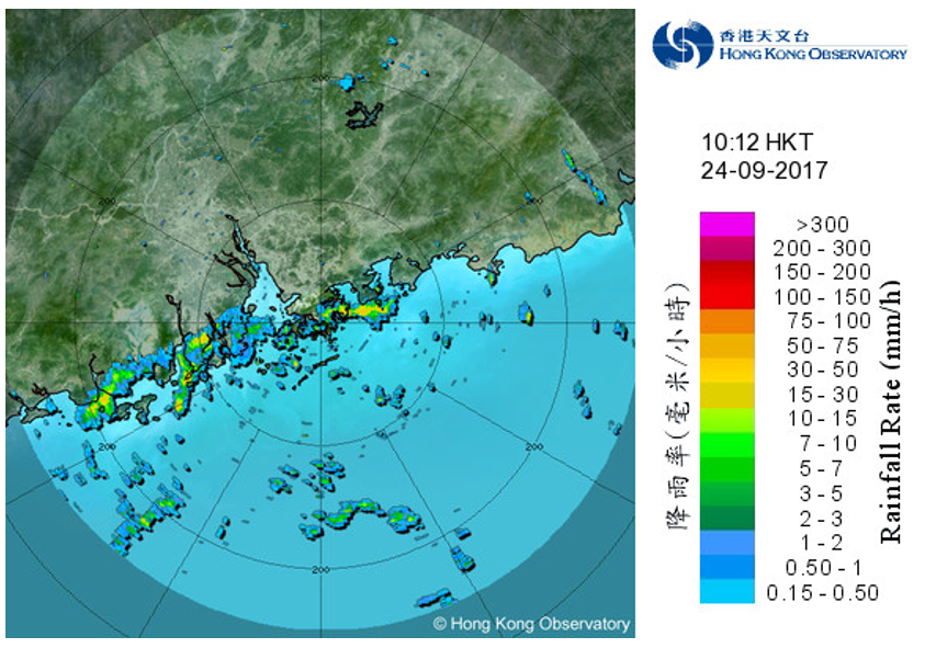 二零一七年九月二十四日上午十时十二分的雷达图像显示热带低气压的外围雨带正影响广东沿岸。
