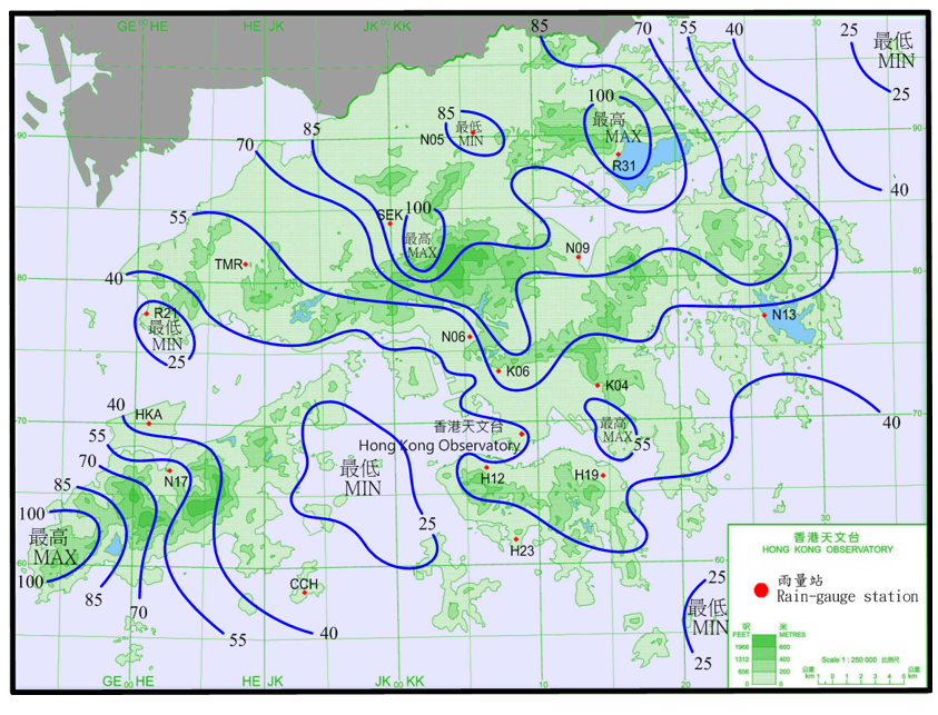 二零一七年十月十四日至十六日的雨量分布(等雨量线单位为毫米)