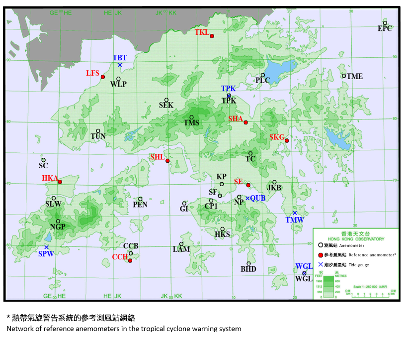 年报内提及的测风站及潮汐测量站之分布地点。
