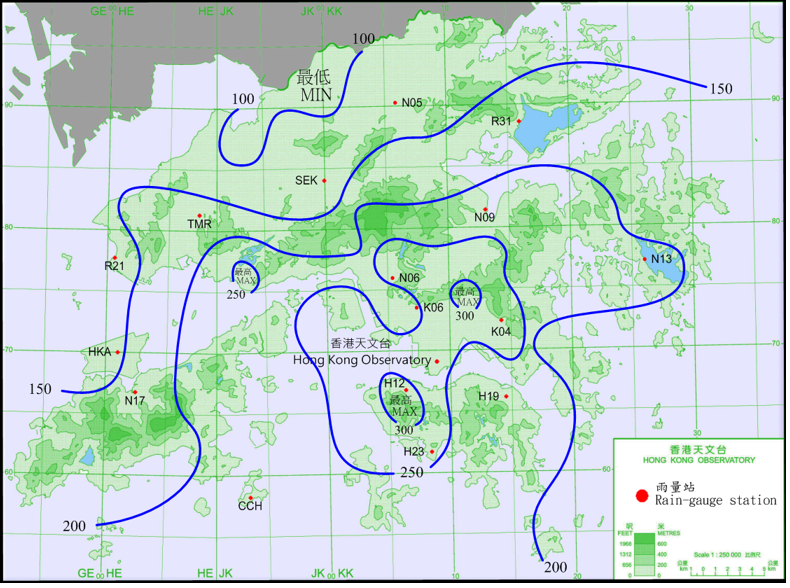 二零一九年八月二十四日至二十六日的雨量分布。
