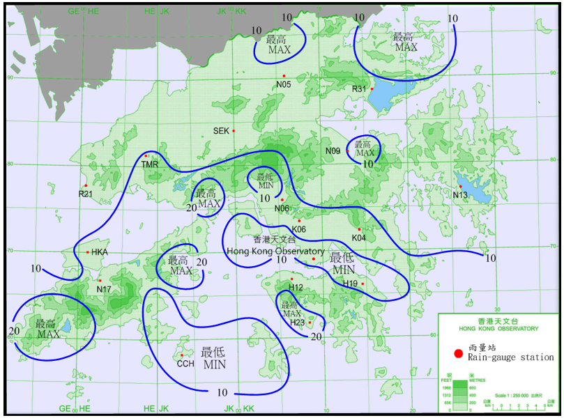 二零一九年八月二十八日至二十九日的雨量分布。