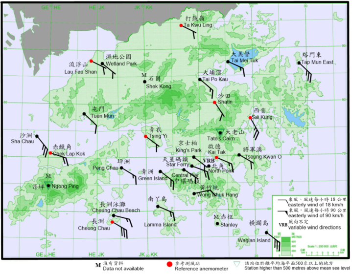 10-minute mean wind direction and speed recorded at various stations in Hong Kong at 1:50 a.m. on 14 June 2020. Winds reached strong force at Sai Kung, Cheung Chau, Sha Chau, Tap Mun East and Waglan Island at that time.