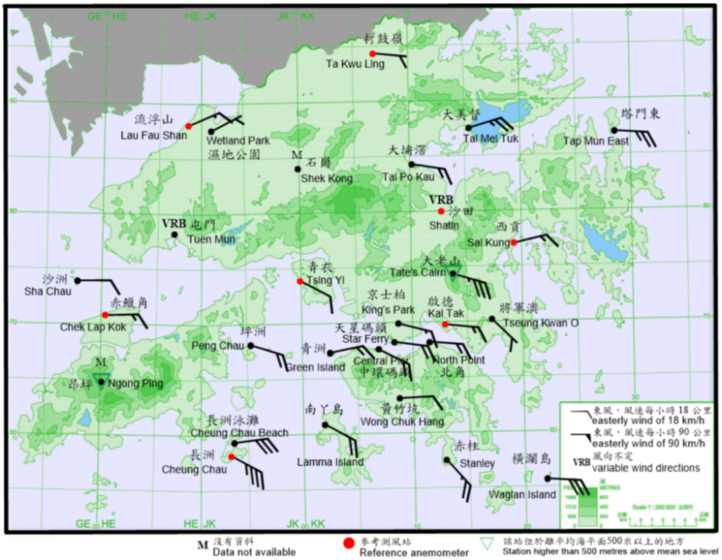 10-minute mean wind direction and speed recorded at various stations in Hong Kong at 11:30 p.m. on 31 July 2020. Winds reached strong force at Tap Mun East, Tate’s Cairn, Cheung Chau Beach, Tai Mei Tuk and Waglan Island at that time. Winds reached gale force at Cheung Chau.