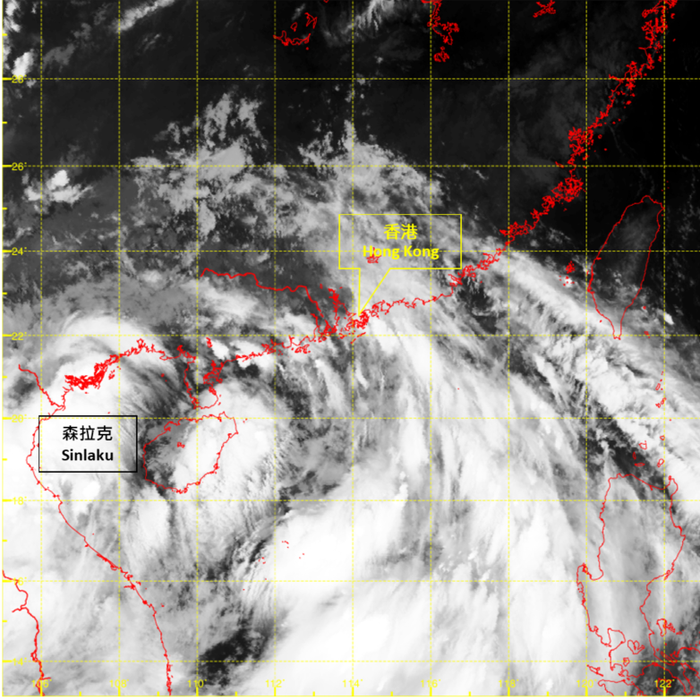 Infra-red satellite imagery around 2 a.m. on 2 August 2020, when Sinlaku was at its peak intenisty with an estimated sustained wind of 65 km/h near its centre.