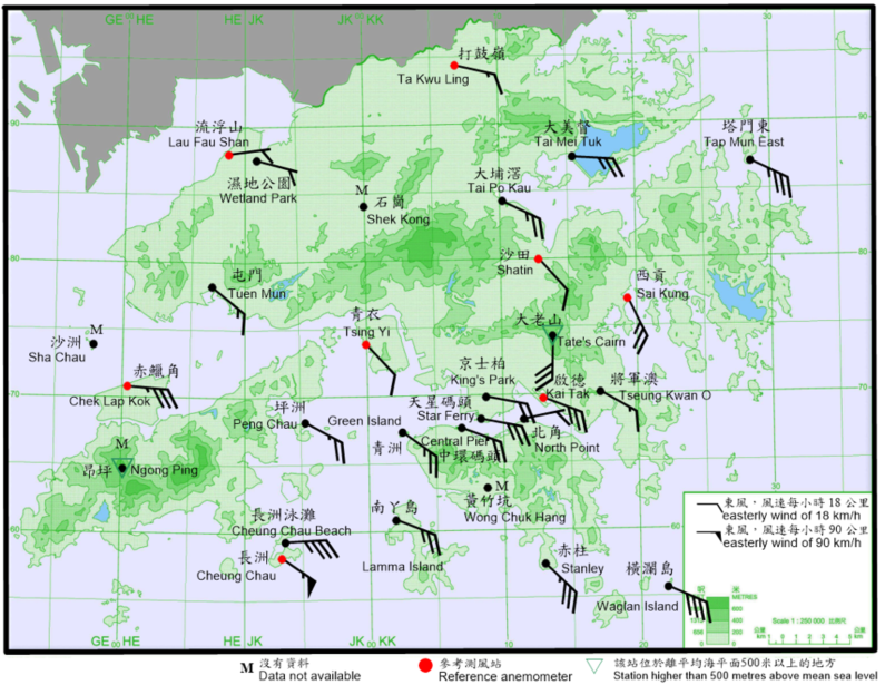 10-minute mean wind direction and speed recorded at various stations in Hong Kong at 4 a.m. on 19 August 2020. Winds at Cheung Chau reached storm force at that time, while winds at Waglan Island and Cheung Chau Beach reached gale force.
