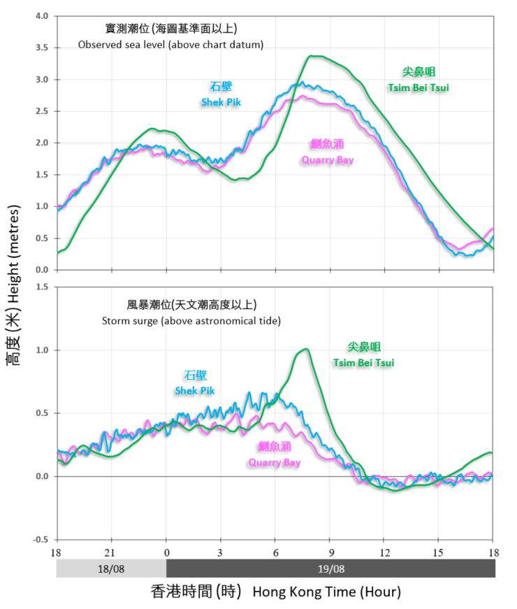 Traces of sea level (above chart datum) and storm surge (above astronomicaltide) recorded at Quarry Bay, Tsim Bei Tsui and Shek Pik on 18 and 19 August 2020.