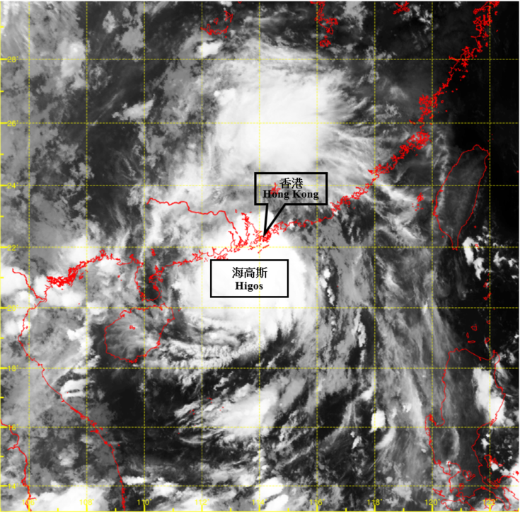 Infra-red satellite imagery around 2 a.m. on 19 August 2020, when Higos was at its peak intensity with estimated maximum sustained winds of 130 km/h near its centre. The convection of Higos was relatively small with a diameter of only around 400 km.