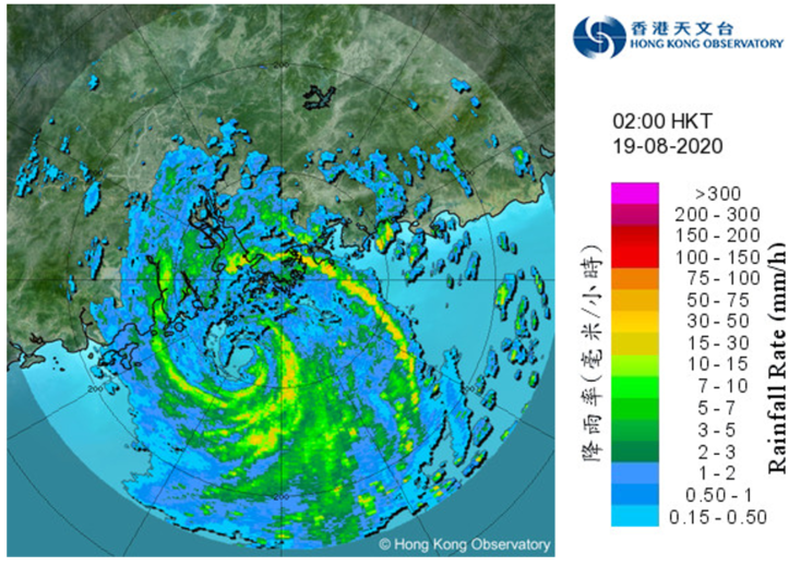 Image of radar echoes at 2 a.m. on 19 August 2020, clearly showing the eye of Higos.