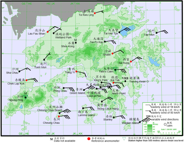 10-minute mean wind direction and speed recorded at various stations in Hong Kong at 3:20 p.m. on 13 October 2020. Winds at Waglan Island reached gale force, while winds at Cheung Chau, Cheung Chau Beach, Green Island, Central Pier, Tate’s Cairn and Tai Mei Tuk reached strong force at the time.