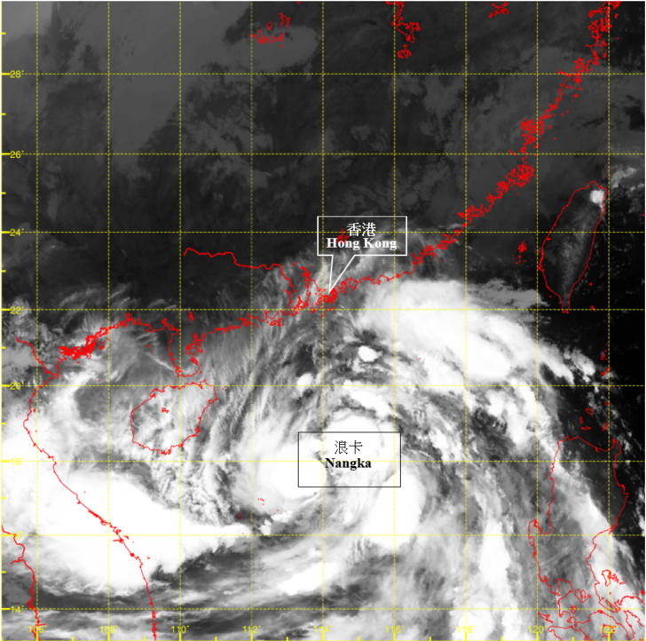Infra-red satellite imagery around 11 p.m. on 12 October 2020, when Nangka was at its peak intensity with estimated maximum sustained winds of 85 km/h near its centre.