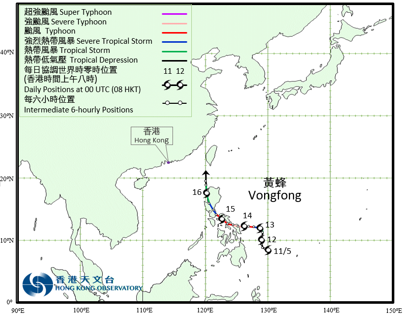 強颱風黃蜂(2001)的路徑圖