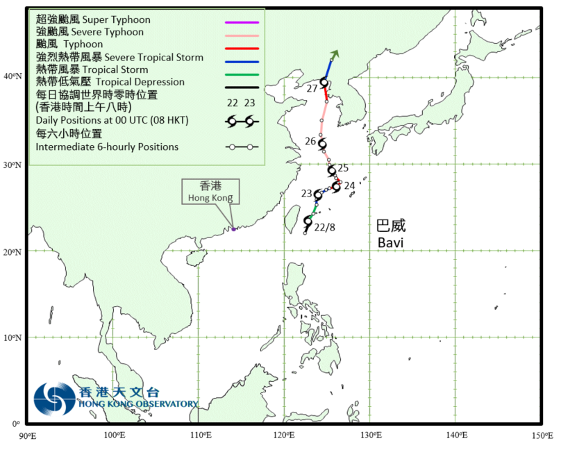 強颱風巴威 (2008)的路徑圖
