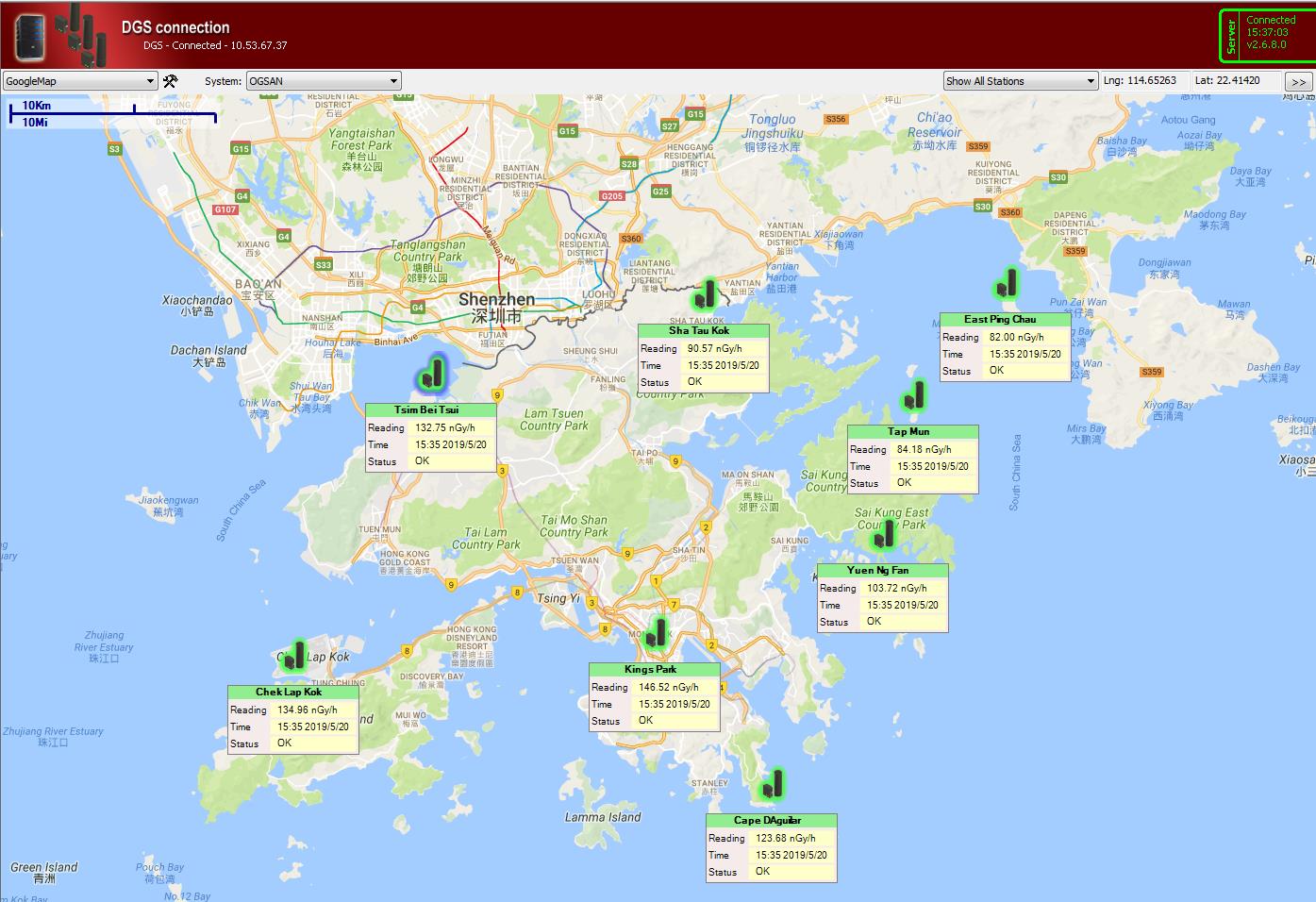 Gamma spectroscopic analyzers installed in eight designated radiation monitoring stations: Tsim Bei Tsui, Sha Tau Kok, East Ping Chau, Tap Mun, Yuen Ng Fan, King's Park, Chek Lap Kok, Cape D'Aguilar