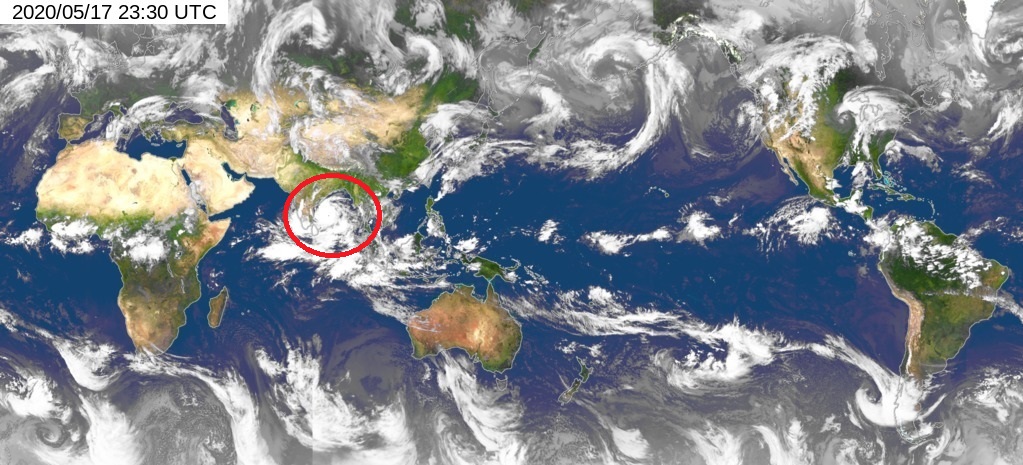 The global mosaic infra-red satellite image captured at 7:30 a.m. (Hong Kong Time) on 18 May 2020.  The red circle shows the circulation of tropical cyclone Amphan over the Bay of Bengal.