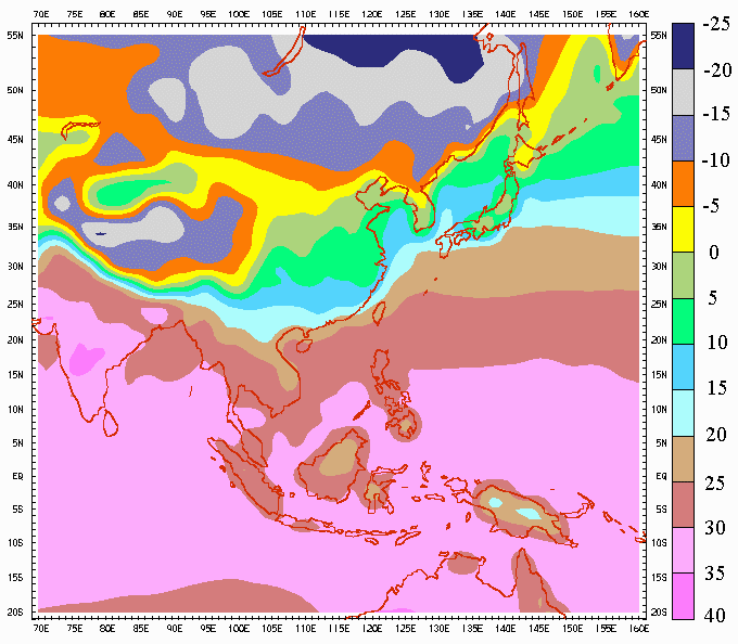 Climatological Mean Surface Temperatures over the Asian Region (Jan - Mar)