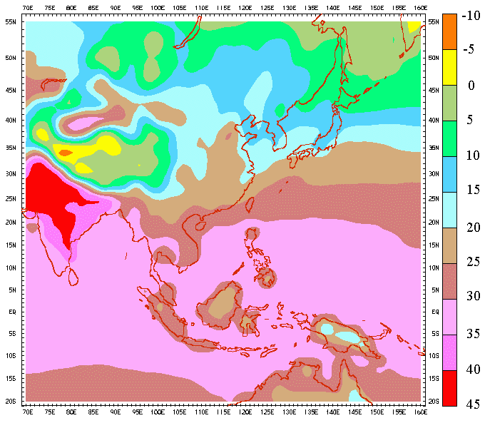 Climatological Mean Surface Temperatures  over the Asian Region (Apr - Jun)