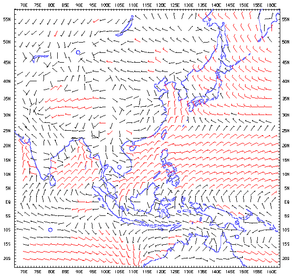 Climatological Mean Surface Winds over the Asian Region (Jan - Mar)