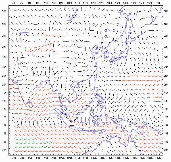 Climatological Mean Surface Winds over the Asian Region (Jul - Sep)