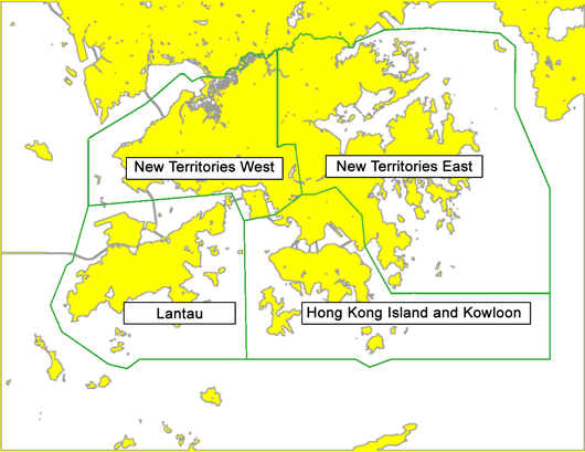 Region coverage of New Terrritories West, New Terrritories East, Lantau, Hong Kong Island and Kowloon