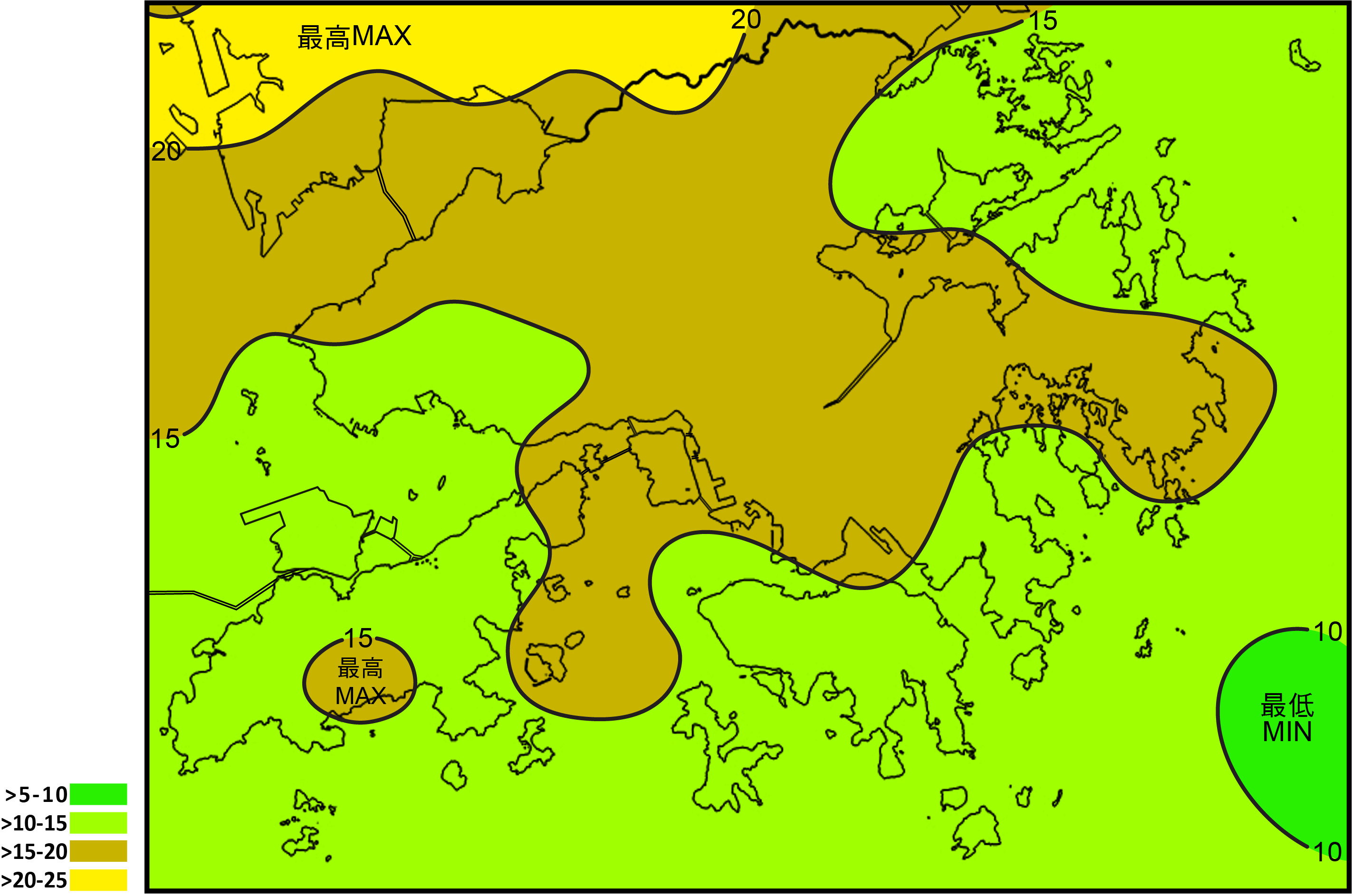 The average yearly number of cloud-to-ground lightning strokes per square kilometer from 2006 to 2021 ranged generally between 10 and 20 over the Hong Kong Territory.