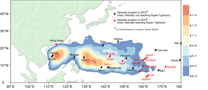 Fig. 6 Tropical cyclone genesis positions in 2015 were displaced further east comparing with the long-term (1961-2010) yearly average of tropical cyclone genesis distribution (colour-shaded area in the background)
