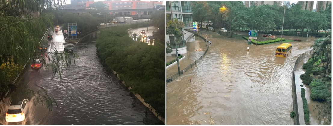 Fig. 6 Severe flooding at Ching Cheung Road (left) and Chai Wan Road (right) on 19 October 2016 (courtesy of Drainage Services Department)