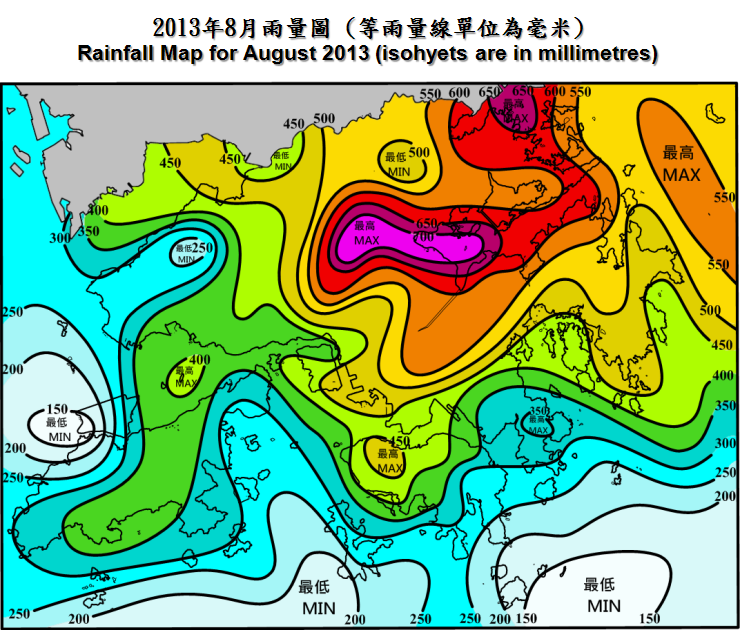 Rainfall Map For August 2013 (isohyets are in millimetres)