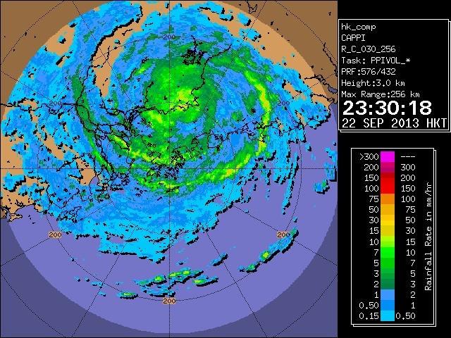 Radar 2013 september 22 of night the on kong hong north to kilometres 100 within skirting usagi typhoon severe showing echoes radar