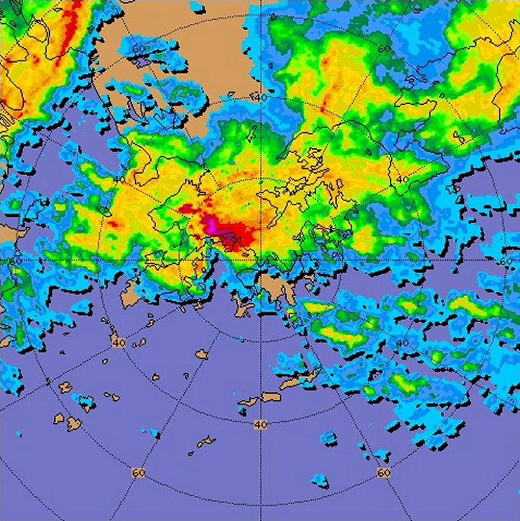 Fig.6 Radar image showing heavy rain and hail-bearing thunderstorms crossing the territory at 8:00 p.m. on 30 March 2014