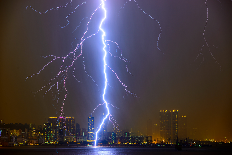 Lightning strike as seen from Sai Wan Ho on the night of 9 July 2016