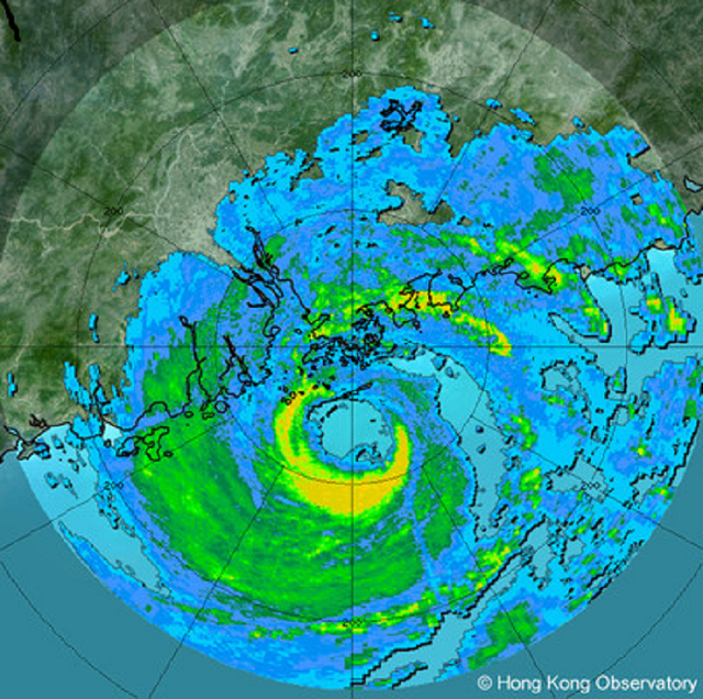 Radar imagery of Severe Typhoon Hato skirting to the south of Hong Kong at 9:12 a.m. on 23 August 2017