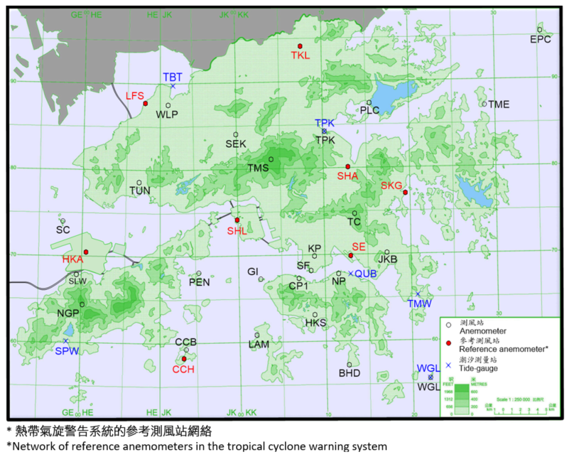 年报内提及的测风站及潮汐测量站之分布地点。