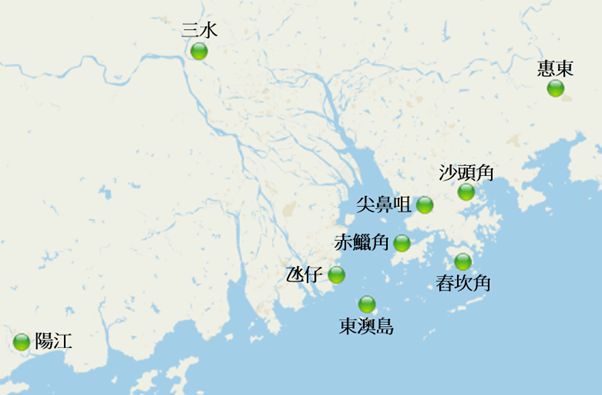 闪电定位网络各个探测站的位置分布图