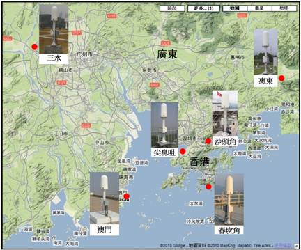 圖一 天文台的閃電定位網絡 (背景地圖源自Google Maps)