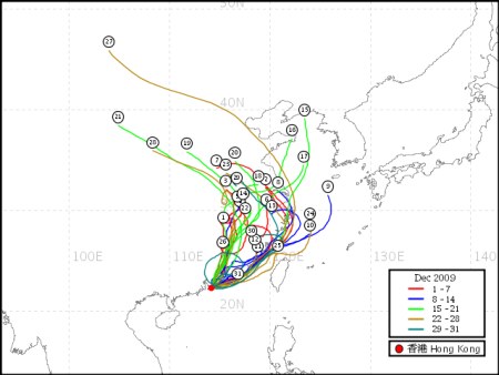 图五 2009 年 12 月份的气流抵港路线图(过去 3 天的路径)