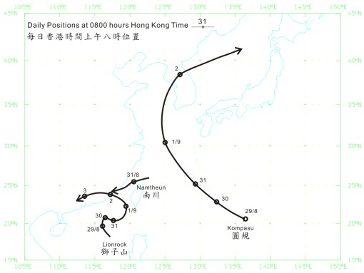 圖 1 2010 年 8 月下旬至 9 月初三個熱帶氣旋,獅子山、圓規及南川的路徑圖。