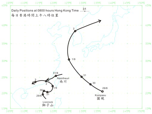 圖 1     2010 年 8 月下旬至 9 月初三個熱帶氣旋，獅子山、圓規及南川的路徑圖。