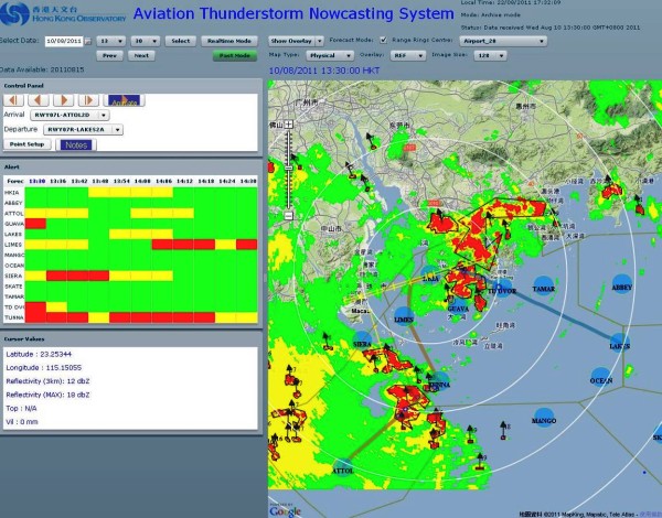 圖三     「航空雷暴臨近預報系統」提供短期內雷暴影響香港國際機場及其進場及離場航道的預報。