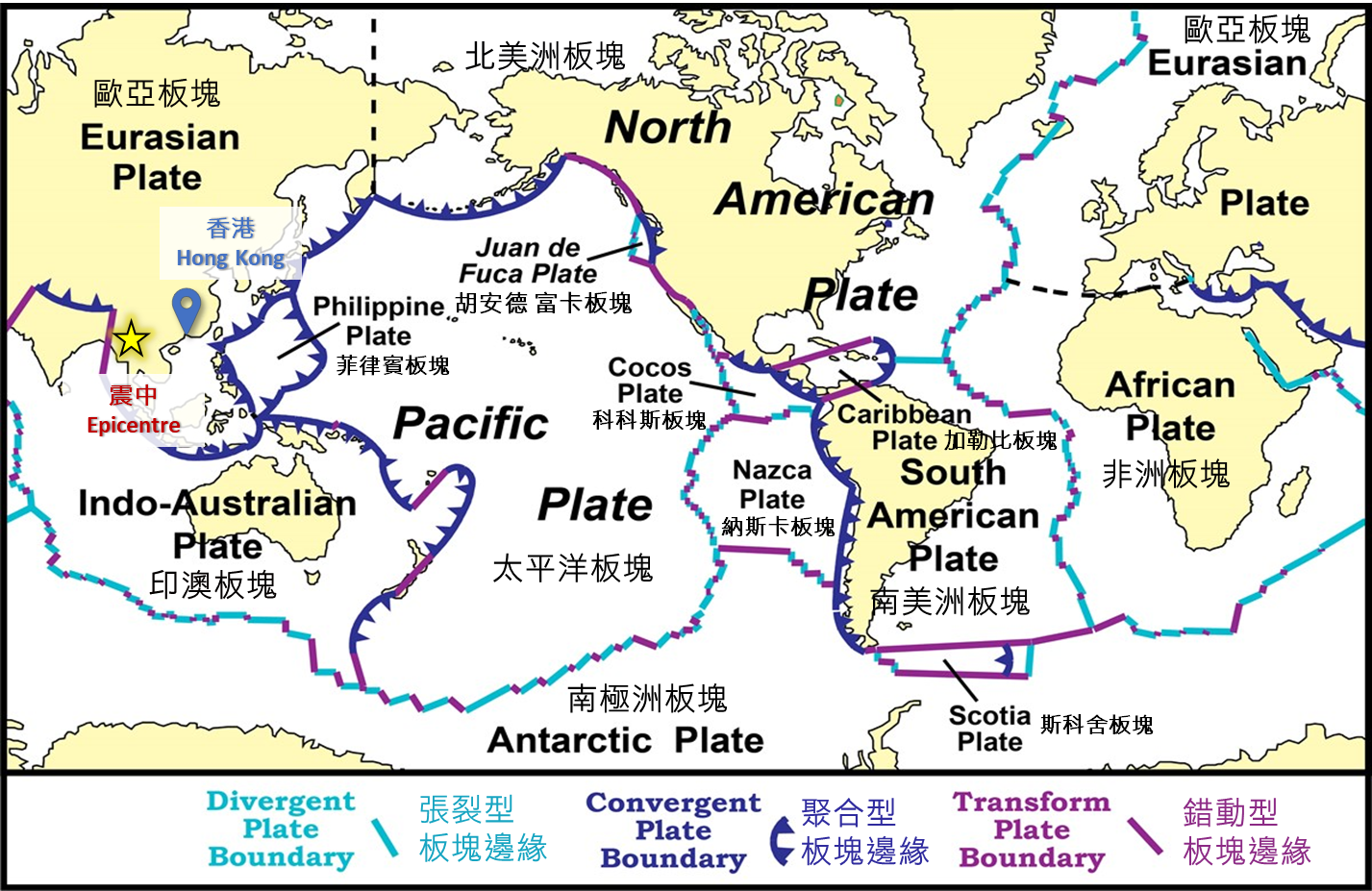 全球构造板块分布图,黄色星标示了2025年3月28日缅甸7.6级地震的震中