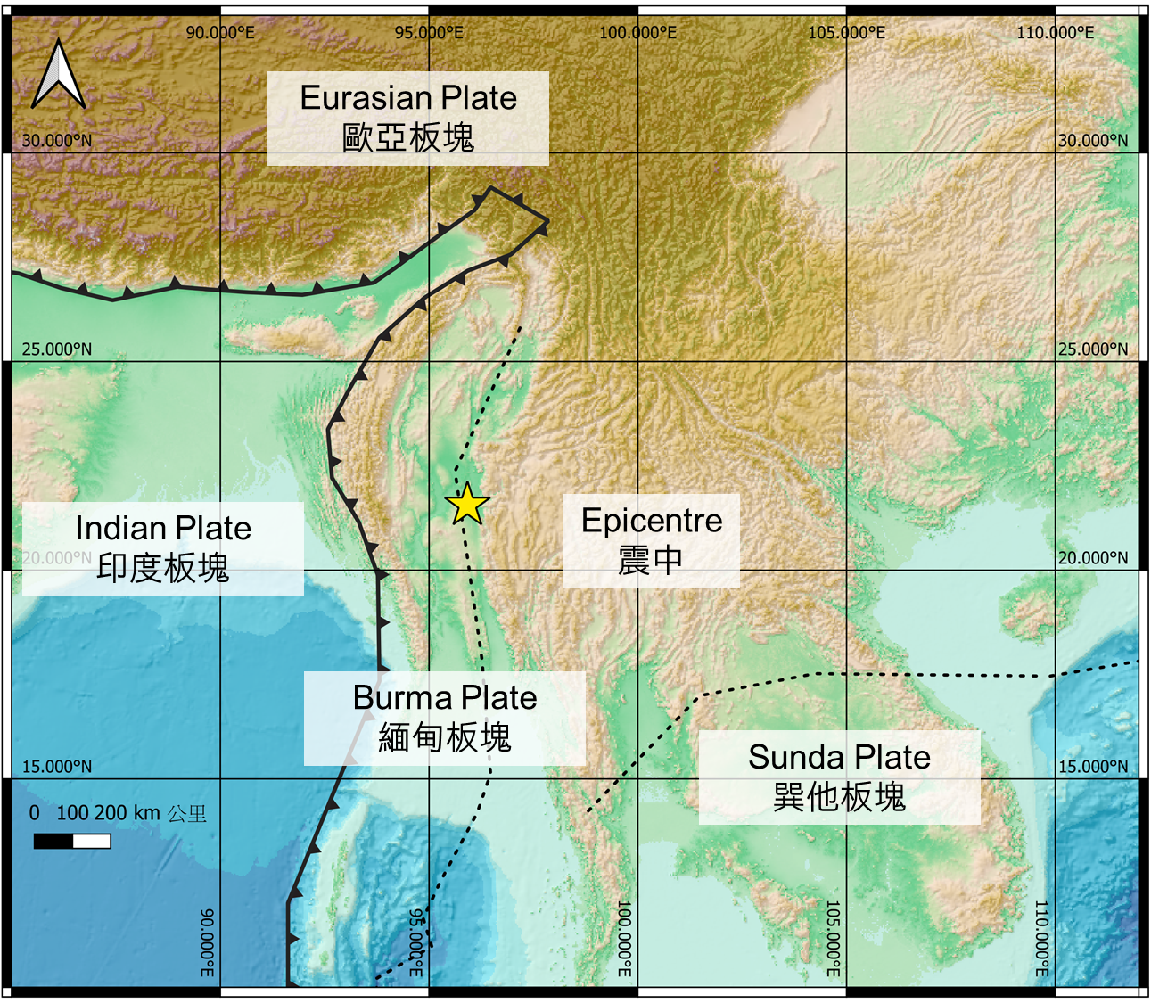 缅甸附近的地质构造,欧亚板块和印度板块边界(黑色粗线)、缅甸板块和巽他板块边界(黑色虚线)和2025年3月28日缅甸7.6级地震的震中(黄色星)