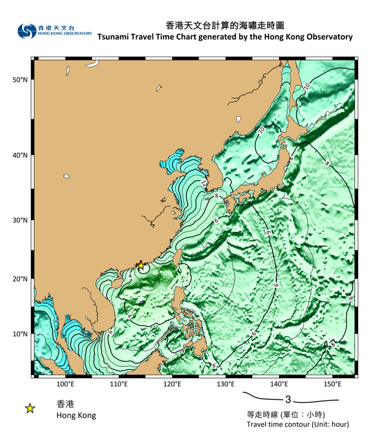 Travel time of tsunami waves between any point and Hong Kong