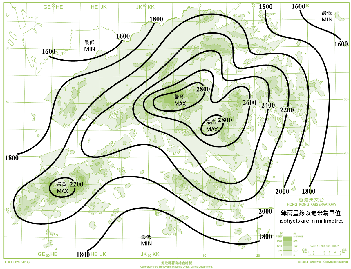 香港年雨量分布