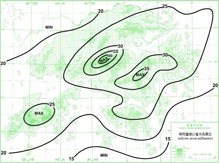 香港平均一月雨量分佈圖(1981-2010年)