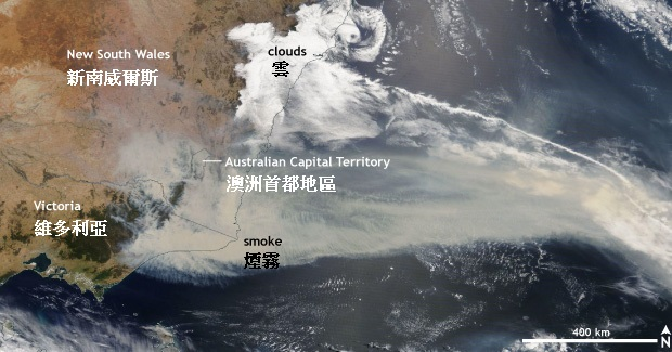 圖一:2020年1月2日澳洲維多利亞及新南威爾斯的山火產生大量煙霧。