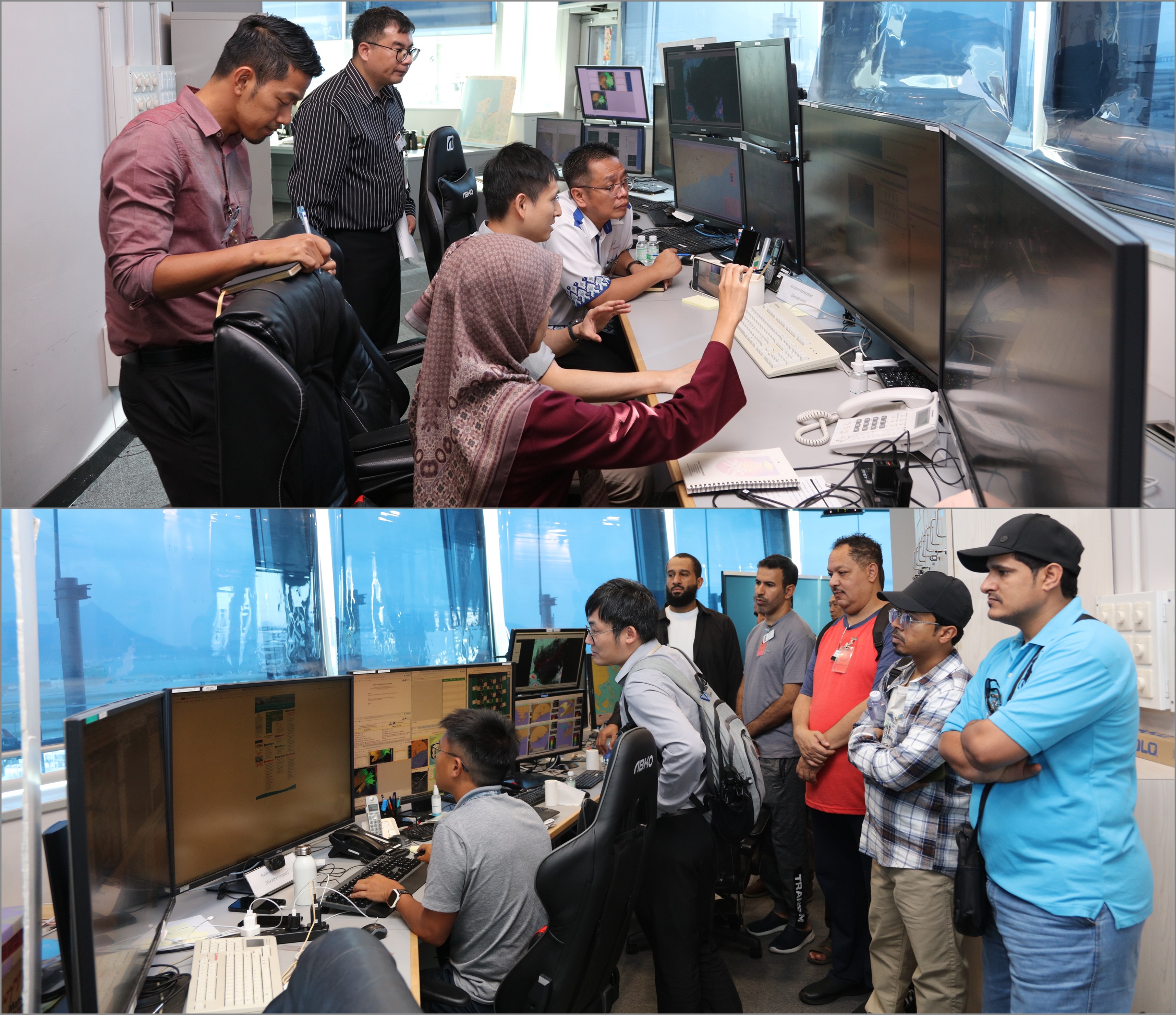 Delegates from the Malaysian Meteorological Department and the Civil Aviation Authority of the Sultanate of Oman on an attachment at the Airport Meteorological Office, observing the operations of the Observatory's aviation weather forecasting