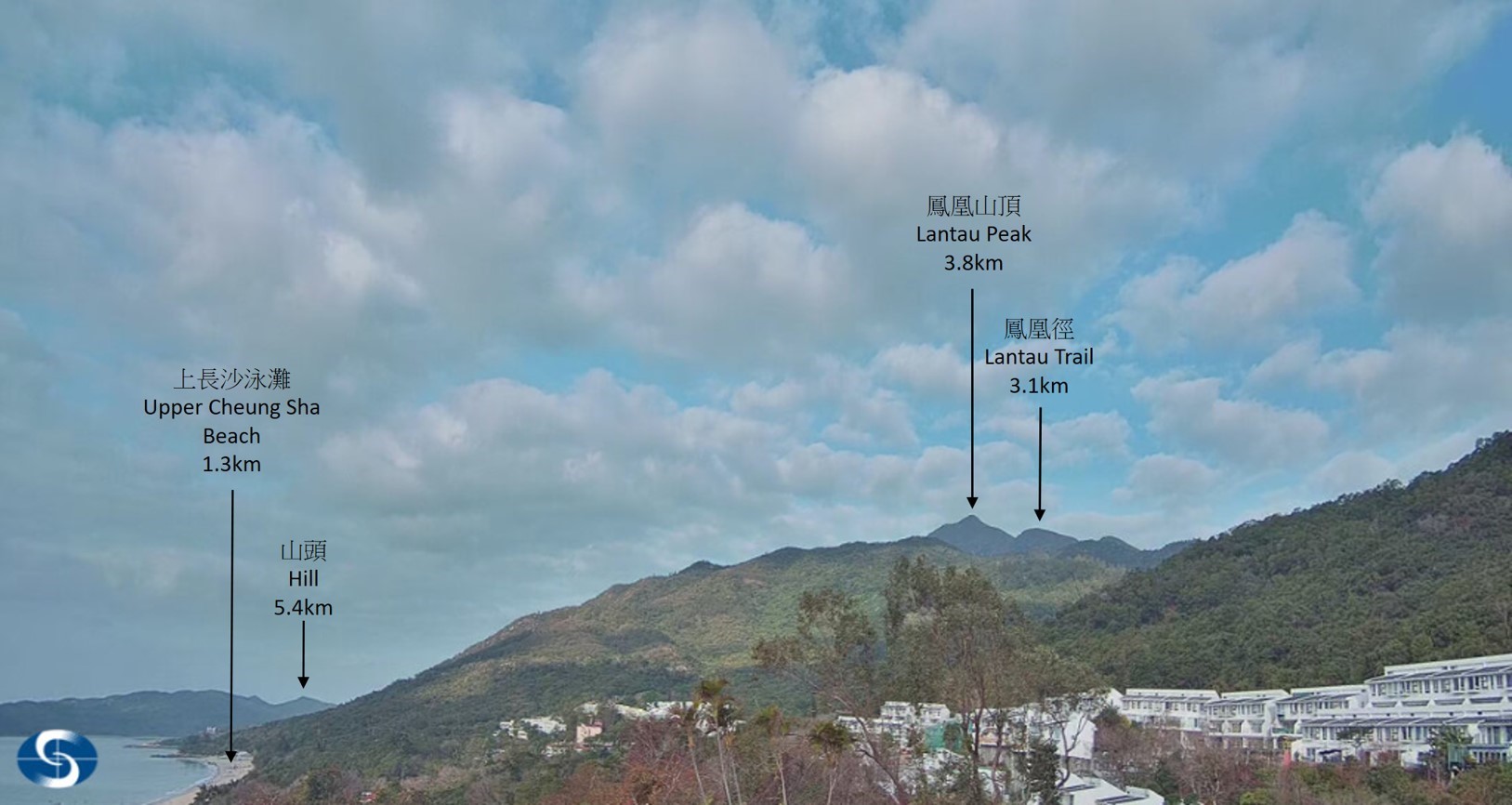 從長沙向西北拍攝的天氣照片（各地點與攝影機的距離以公里為單位顯示）。