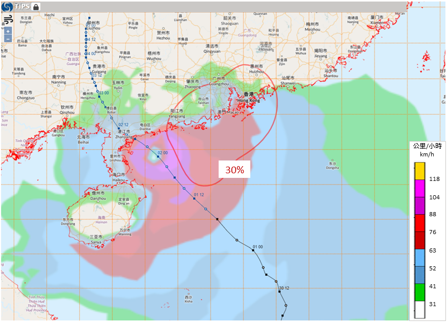 2022年7月1日下午熱帶氣旋暹芭的預測路徑(藍色線)。暹芭會在維港有三成機會吹烈風的「豬腰」(紅色曲線)外掠過,表示根據過往紀錄推斷,維港吹烈風的機會較低;而當時電腦模式則預測與暹芭相關的烈風(背景圖層的紅色區域)會影響本港部分地區及珠江口。