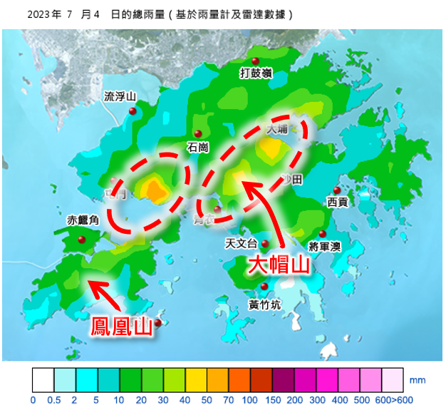 圖二 2023年7月4日雨量分布圖（左）及雷達動畫（右）。